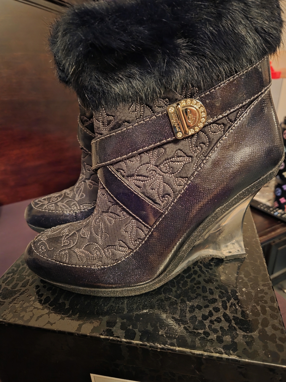 Baby Phat Black Faux Fur Trim Embroidered Wedge Booties